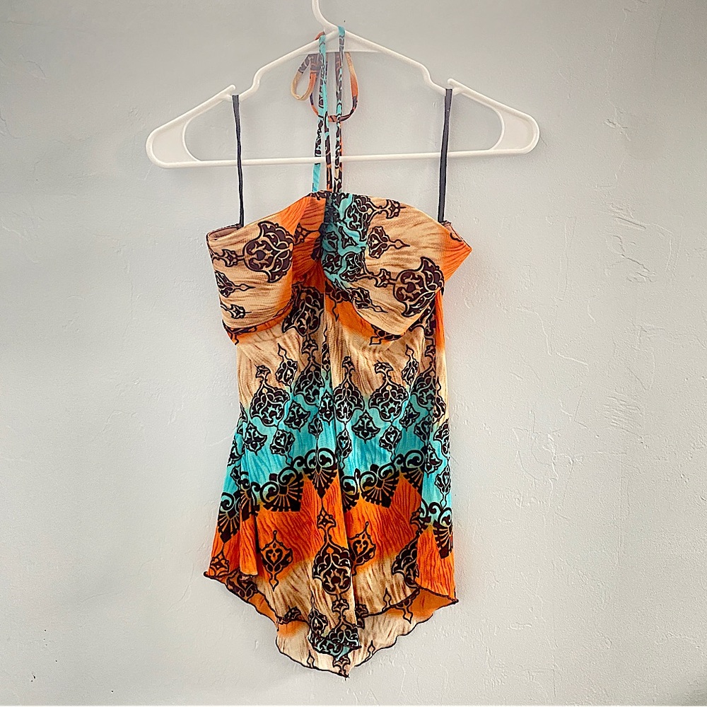 jnj Large Strapless tie-neck beige orange blue patterned juniors halter top